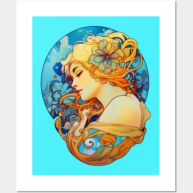 Alphonse Mucha Inspired Art Nouveau Girl With Flower In Her Hair Wall Art by entwithanaxe